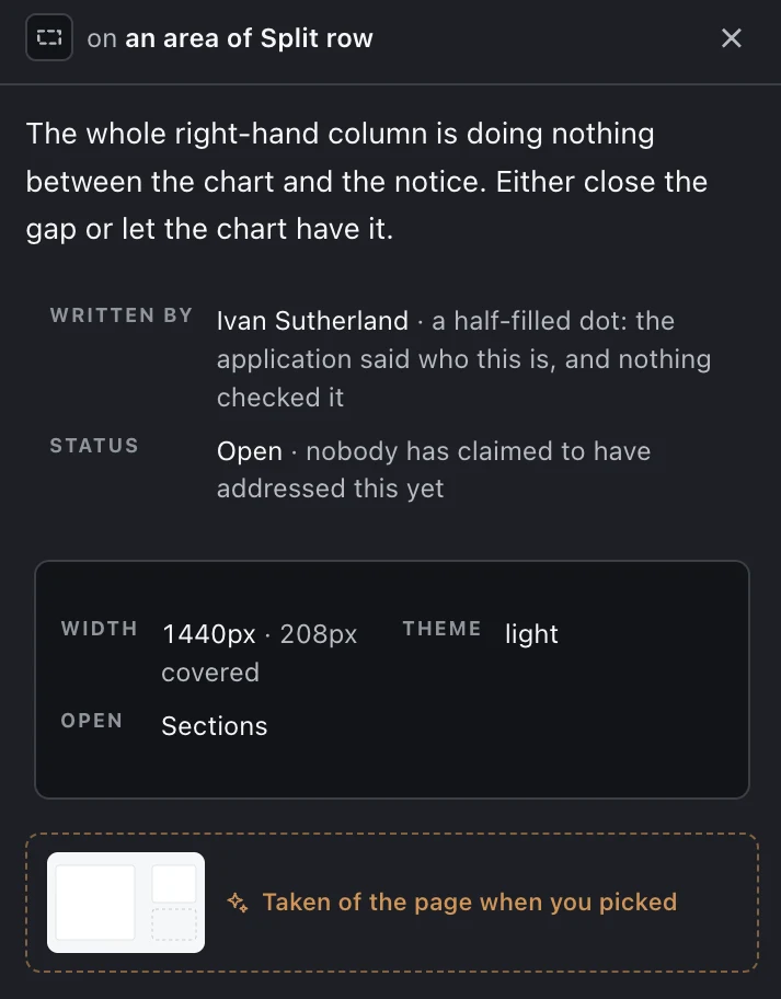 Maple's detail panel for one comment: who wrote it, whether it is still open, how it is found again after a redeploy, its CSS path, and the window size, breakpoint, pixel ratio, colour scheme and locale it was written at.